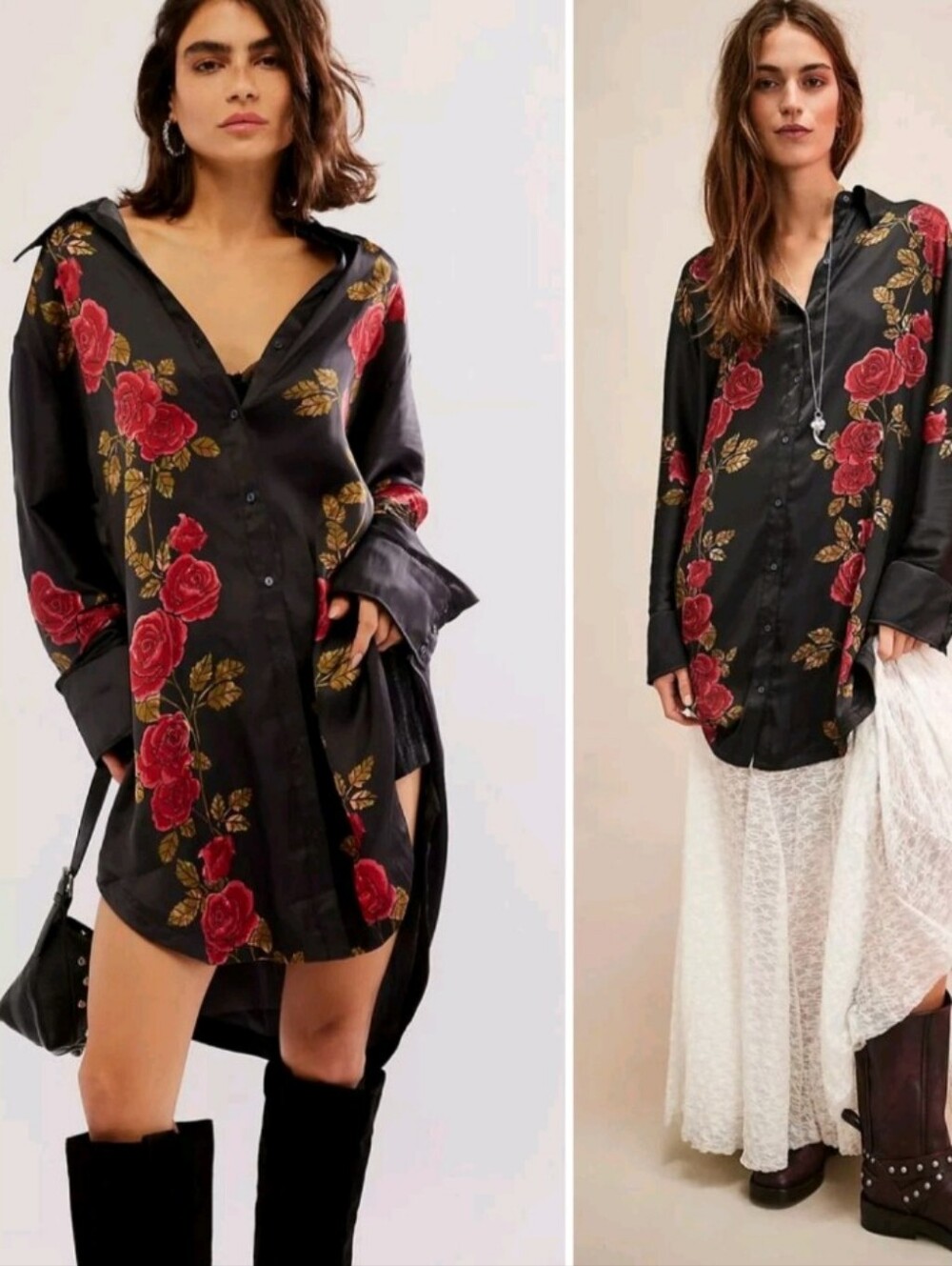 Free People Off The Vine Button Down Tunic Shirt/Dress XL Extra Large Black Red